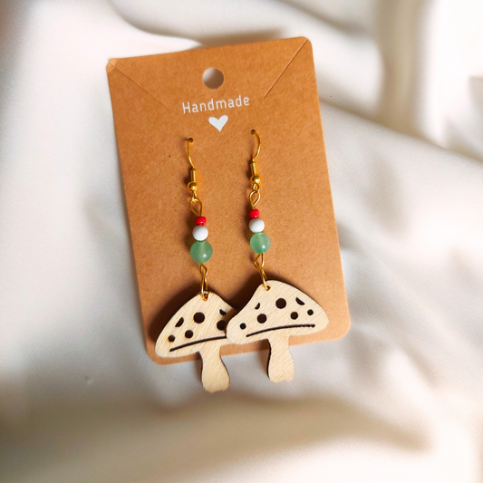 Wooden mushroom earrings with aventurine and howlite beads