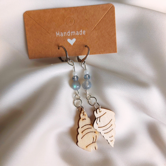 Wooden shell earrings with labradorite beads