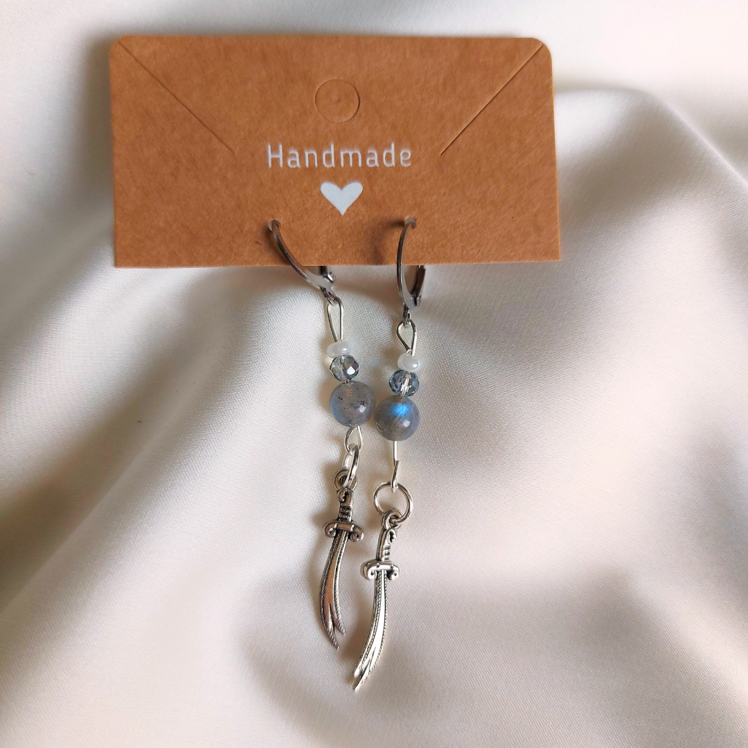 Pirate sword earrings with labradorite beads