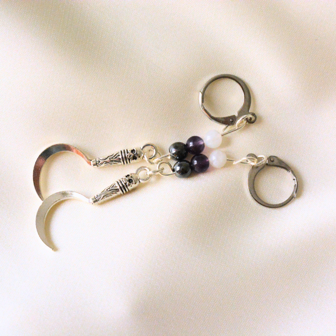 Halloween sickle earrings with gemstone beads